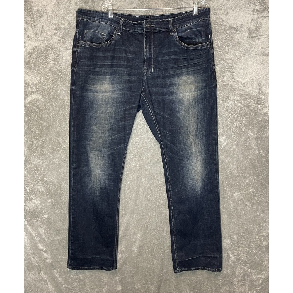 David Bitton Men Six-x Classic Slim Straight Dark Stone Wash Denim Jean 40x34